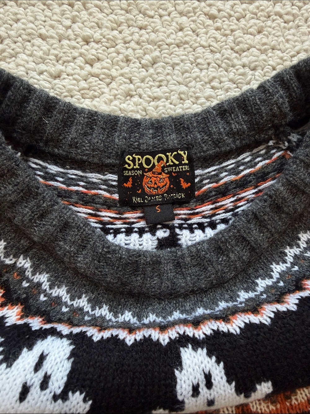 Kiel James Patrick Gray Crewneck Sweater with White Ghost Yoke and Orange Accent - Picture 2 of 4